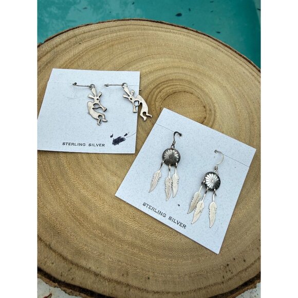 Lot of 2 Sterling Silver Artisan Western Statement Earrings Concho & Kokopelli - Picture 1 of 9